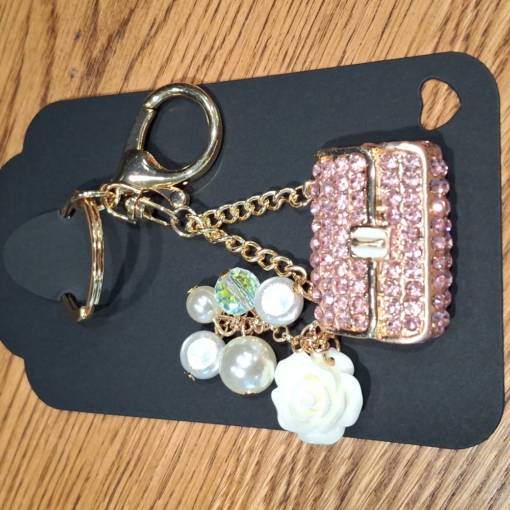 Gold & Pink Purse Keychain with Pearls